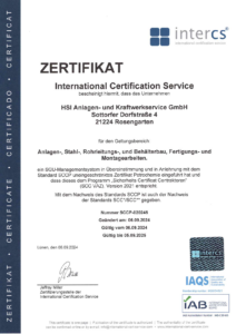 Zertifikat für Anlagen-, Stahl-, Rohrleitungs-, und Behälterbau sowie Fertigungs- und Montagearbeiten
